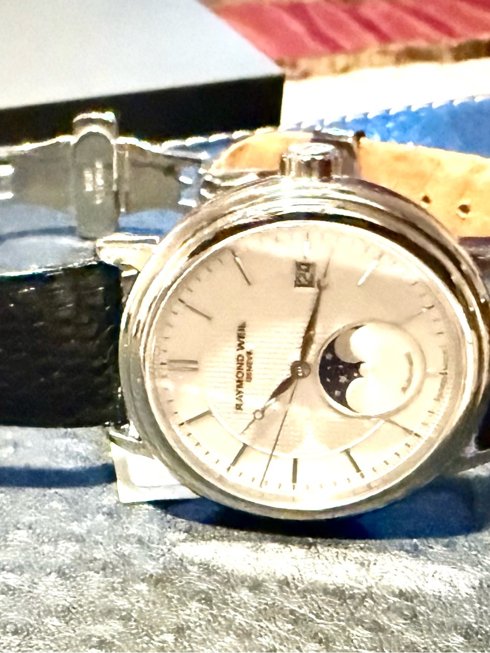 Raymond Weil Silver Dial Moonphase Watch with Black Leather Strap - Picture 5 of 8
